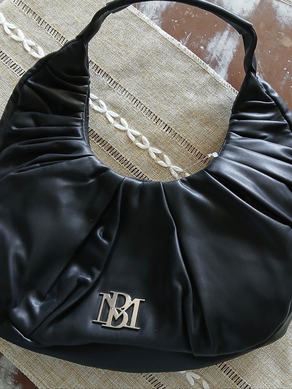 Badgley Mischka Black Pleated Hobo Purse + Metal Logo + Rounded Handles NWOT